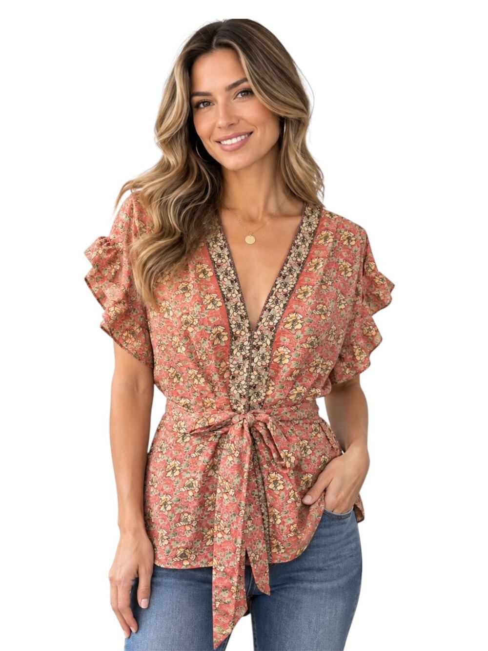 Max Studio Women's Size Medium M Pink V Neck Short Flutter Sleeve Blouse Top
